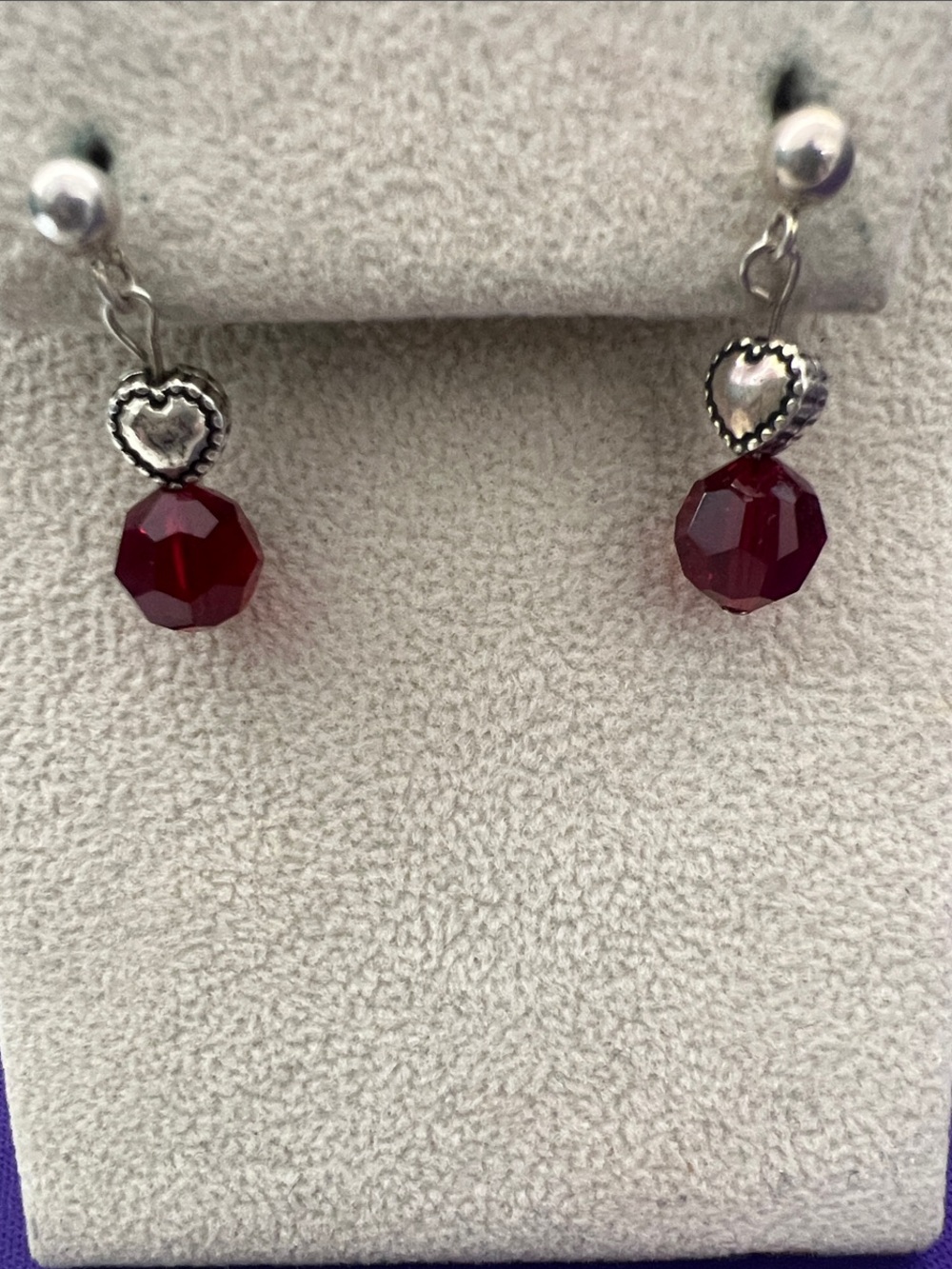 Sterling Silver Heart Earrings with Deep Red Faceted Beads